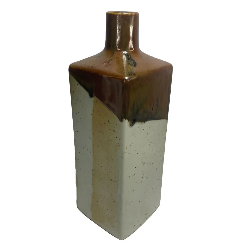 Vtg Takahashi Japan Stoneware Bud Vase 10” Brown Drip Glaze MCM Bottle Minimalis